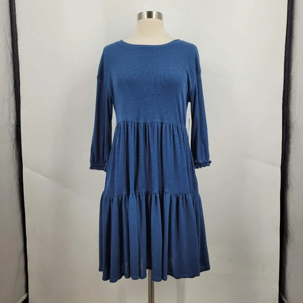 Melloday Womens Dress Blue Tiered Half-Sleeve Fit & Flare Size S NWT